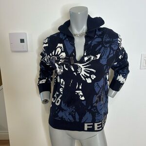 Gorgeous Navy and White Floral V-Neck Hoodie Sweater❤️M/38